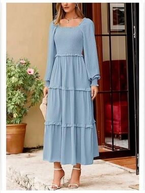 Pretty Garden Light Blue Long Sleeve Tiered Maxi Dress XXL